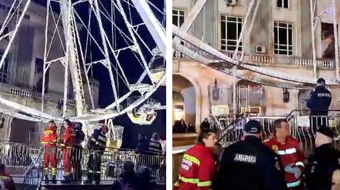 Roata panoramică de la Târgul de Crăciun din Constanța, în care au rămas blocați zeci de copii și părinți, instalată ilegal