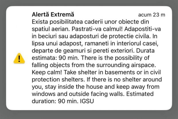 O nouă avertizare RO-Alert în Tulcea, despre „căderea unor obiecte din spaţiul aerian”
