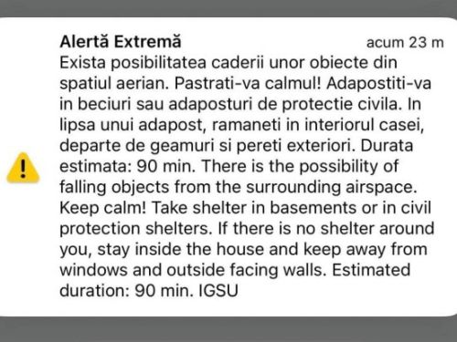 O nouă avertizare RO-Alert în Tulcea, despre „căderea unor obiecte din spaţiul aerian”