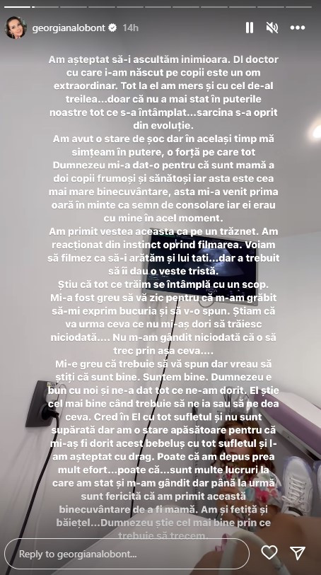 Georgiana Lobonț a pierdut copilul. Sarcina s-a oprit din evoluție: „Am așteptat să-i ascultăm inimioara”