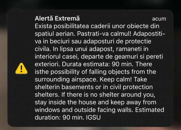 Mesaj Ro-Alert în Tulcea și Galați despre „căderea unor obiecte din spaţiul aerian”. "Păstraţi-vă calmul! Adăpostiţi-vă în beciuri!"
