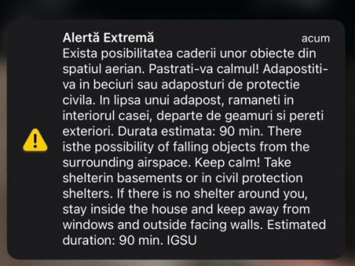 Mesaj Ro-Alert în Tulcea și Galați despre „căderea unor obiecte din spaţiul aerian”. "Păstraţi-vă calmul! Adăpostiţi-vă în beciuri!"